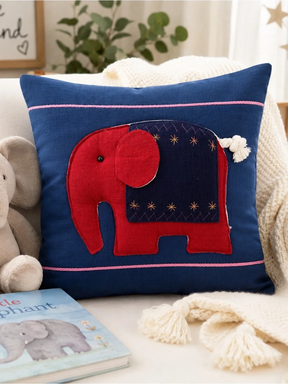 Elephant Nursery Pillow Cover 15x15 Blue Red Kids Room Accent Cushion Cover